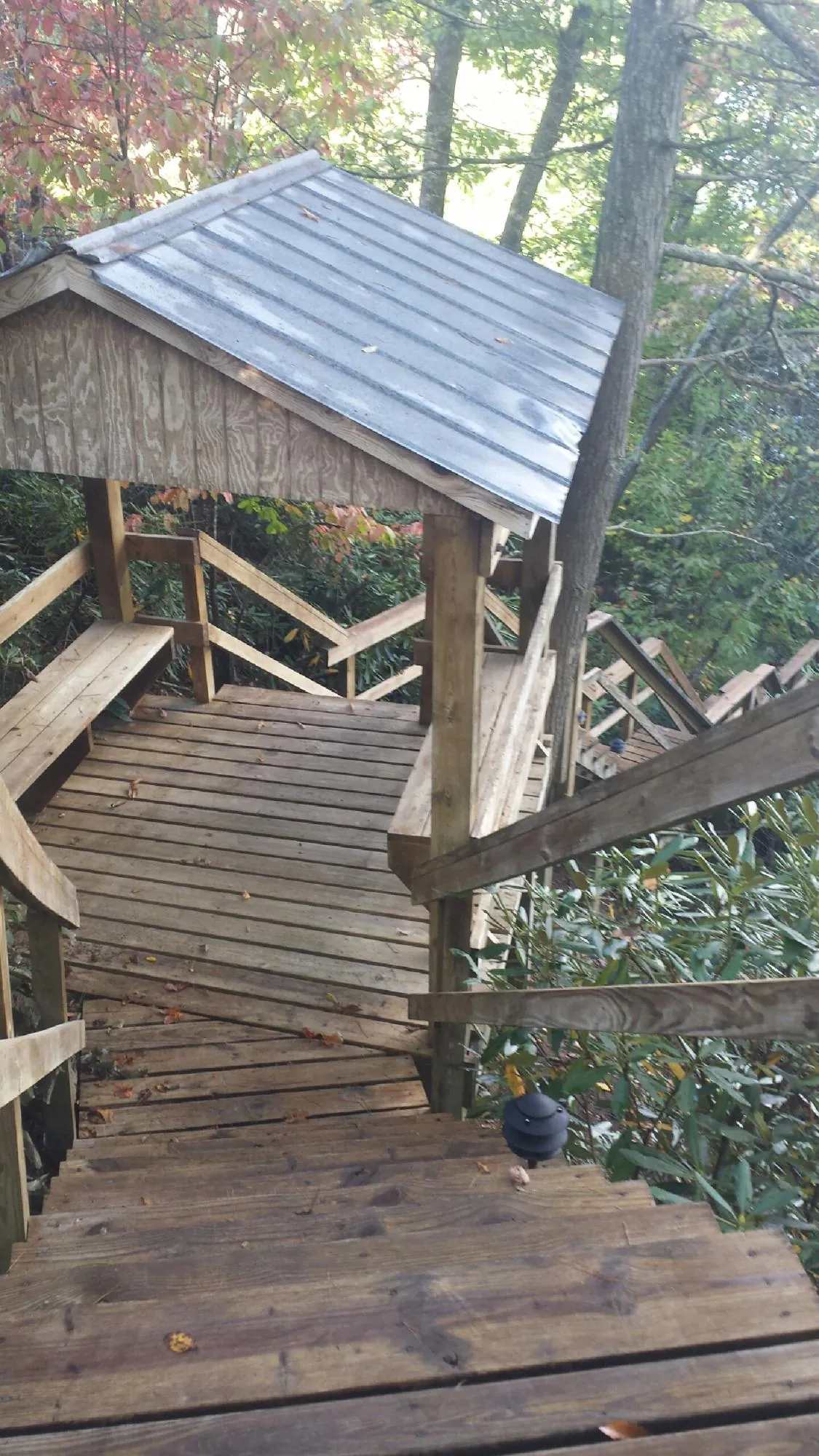 Metal roofed shelter over wooden steps on a wooded walkway — Skylight Repair & Installation work by our crew in Milledgeville